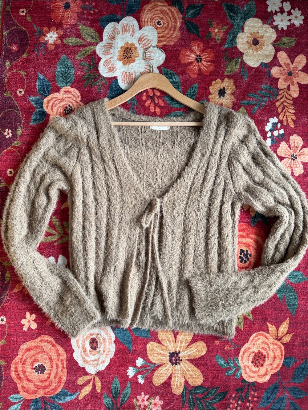 Altar'd State Fuzzy Taupe Tie-Front Cardigan